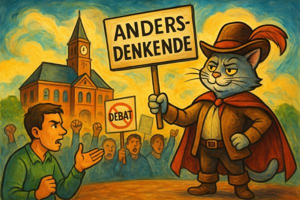 De kloof tussen ‘wij’ en de ‘andersdenkende’: Hoe het debat in Nederland verstikt raakt. Illustratie van de Gelaarsde Kat die een bord met "ANDERSDENKENDE" vasthoudt, voor een universiteit met protesterende studenten en een debat over vrije meningsuiting.