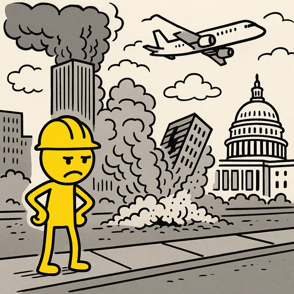 Cartoon-achtige gele stripfiguur als bouwvakker met een helm staat op een trottoir, fronsend, terwijl achter hem rook opstijgt uit instortende wolkenkrabbers, een vliegtuig naar de koepel van het Capitool vliegt en puin de lucht vult.
