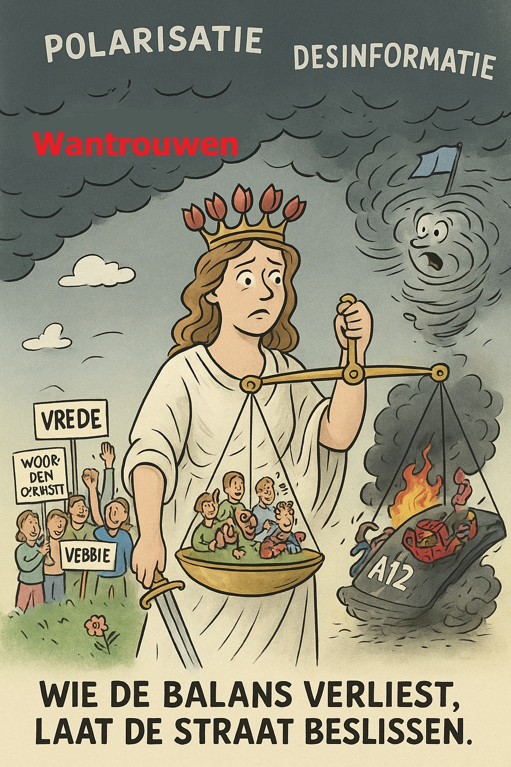 Cartoon van Dame Democratia die een weegschaal vasthoudt met aan de ene kant vreedzame demonstranten en aan de andere kant een brandende politieauto, met donkere wolken erboven met de woorden polarisatie, desinformatie en wantrouwen.