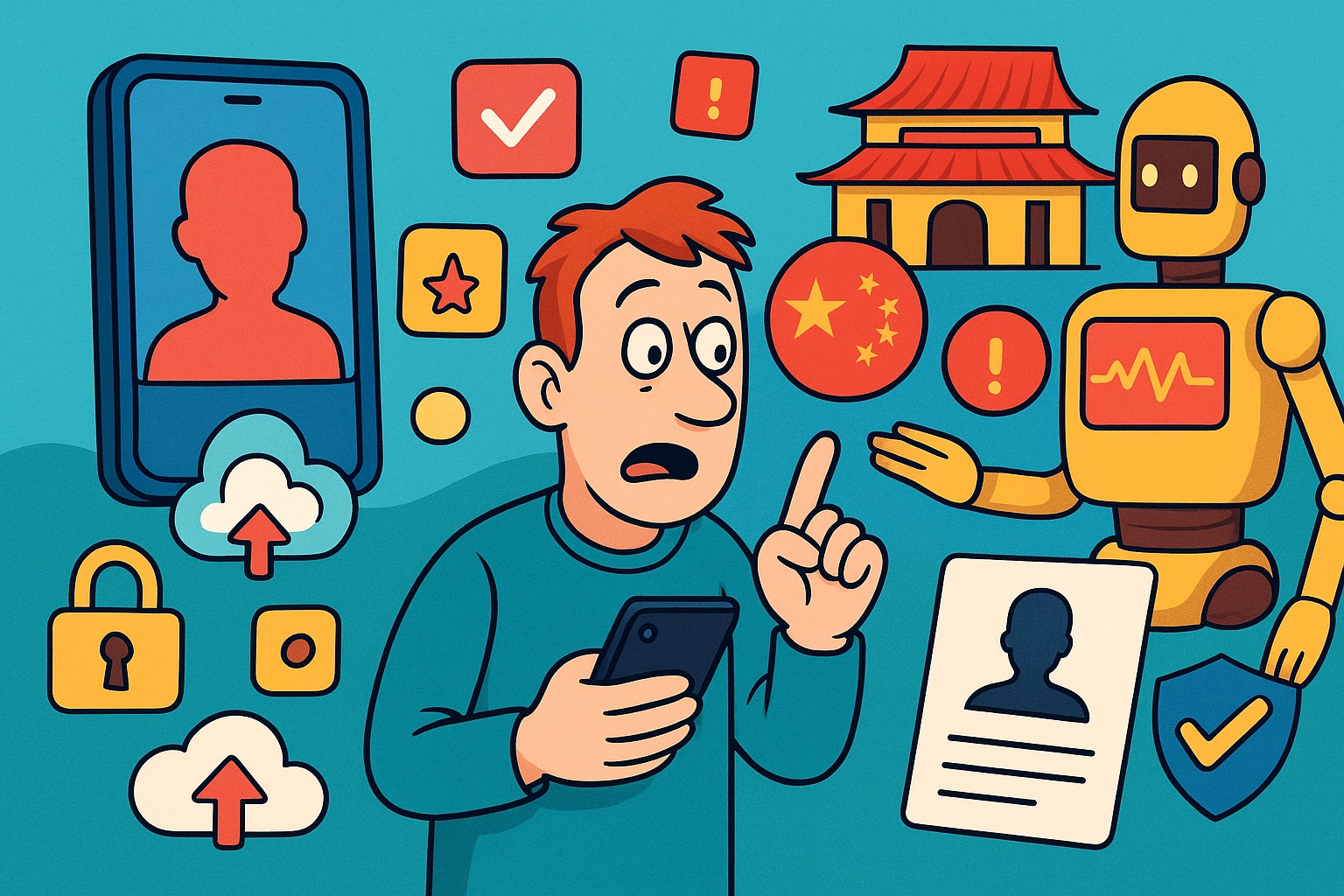 Cartoonachtige illustratie van een verontruste man met smartphone, omringd door digitale iconen, een robot en een Chinees gebouw die sociale controle en dataverzameling symboliseren.