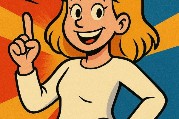“Nederland op de rand van de afgrond”: Lidewij de Vos (FVD) breekt tijdens Algemene Beschouwingen met Haagse consensus. Cartoon van een blonde jonge vrouw in witte blouse en zwarte rok, met vinger omhoog en een brede glimlach, omringd door kleurrijke stralen met de tekst “Stop het afbraakbeleid en bespaar tientallen miljarden!”.