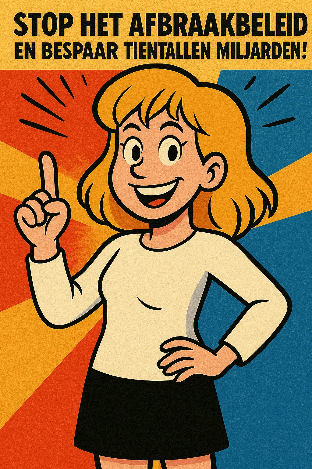 Cartoon van een blonde jonge vrouw in witte blouse en zwarte rok, met vinger omhoog en een brede glimlach, omringd door kleurrijke stralen met de tekst “Stop het afbraakbeleid en bespaar tientallen miljarden!”.