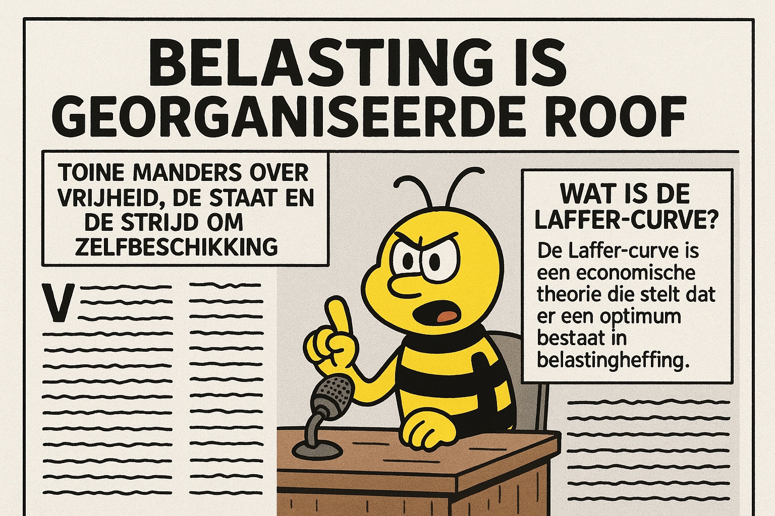 Cartoon van een gele stripfiguur-bij, Seabee, die fel spreekt achter een microfoon in een krantenlayout met de kop “Belasting is georganiseerde roof” en uitleg over de Laffer-curve.