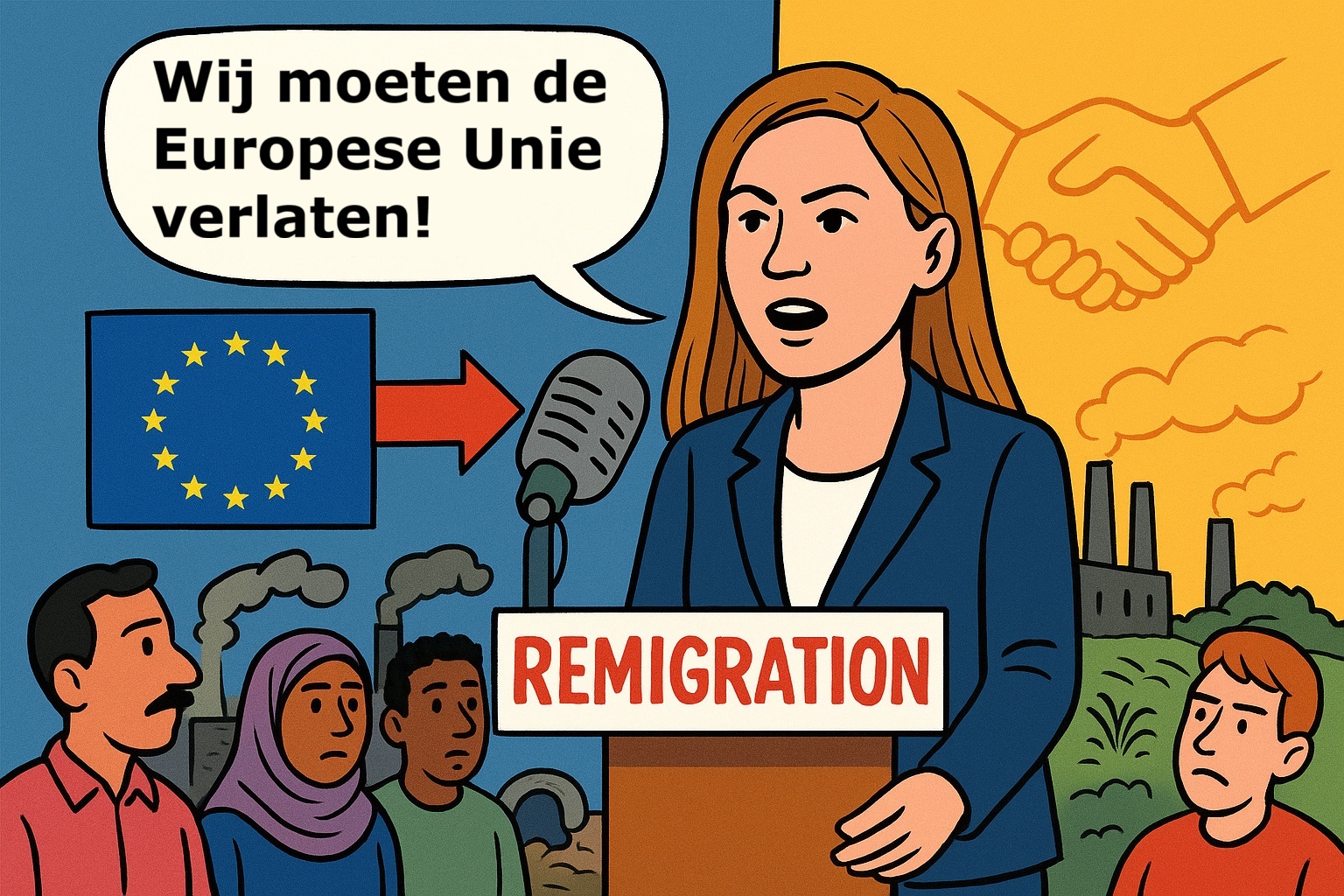 Cartoon van een jonge vrouwelijke politica die oproept om de EU te verlaten, met een microfoon, EU-vlag en demonstranten op de achtergrond, en een bord met “Remigration”.