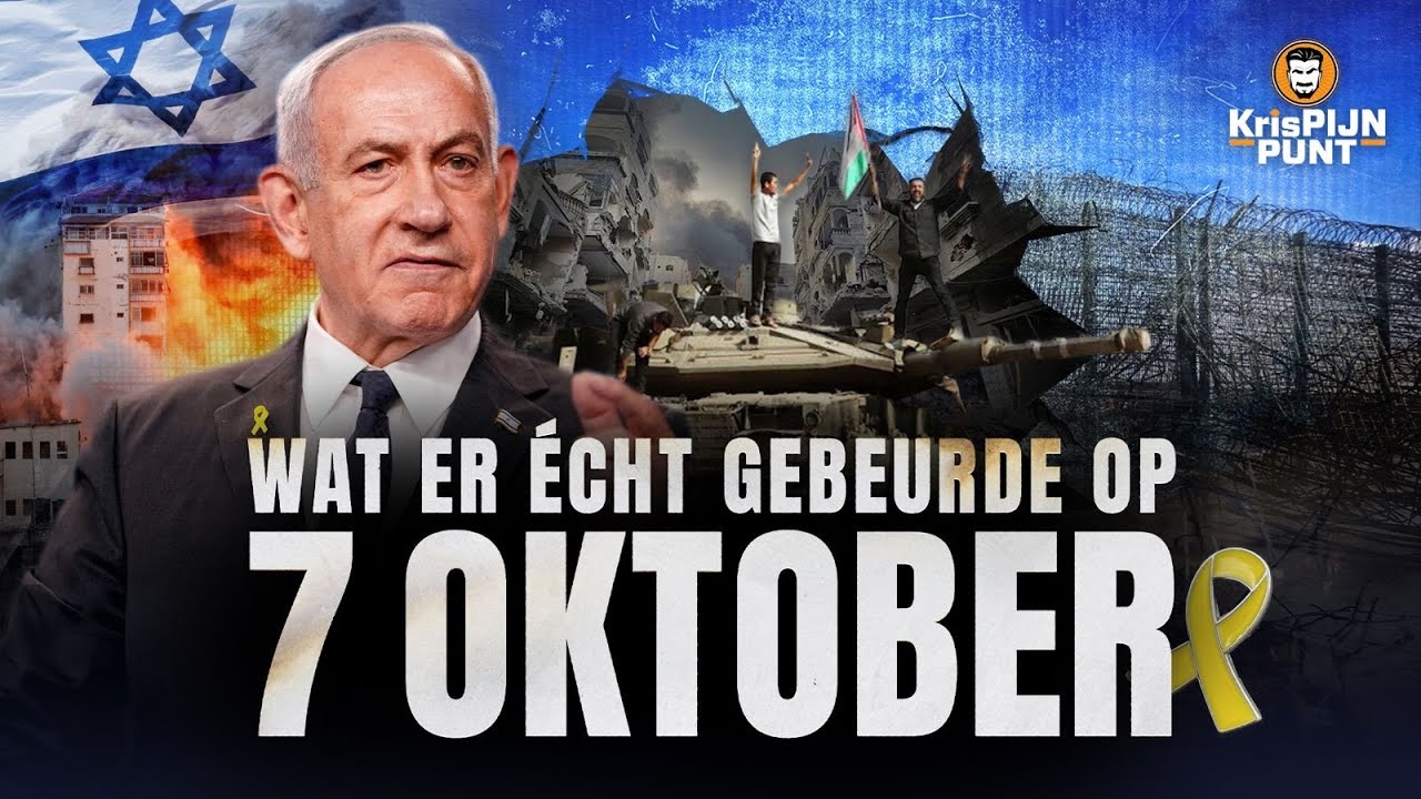 Compositie met Israëlische vlag, brandende gebouwen, verwoeste infrastructuur en tank met vlaggen, gecombineerd met grote tekst “Wat er écht gebeurde op 7 oktober” en een gele herdenkingslint.