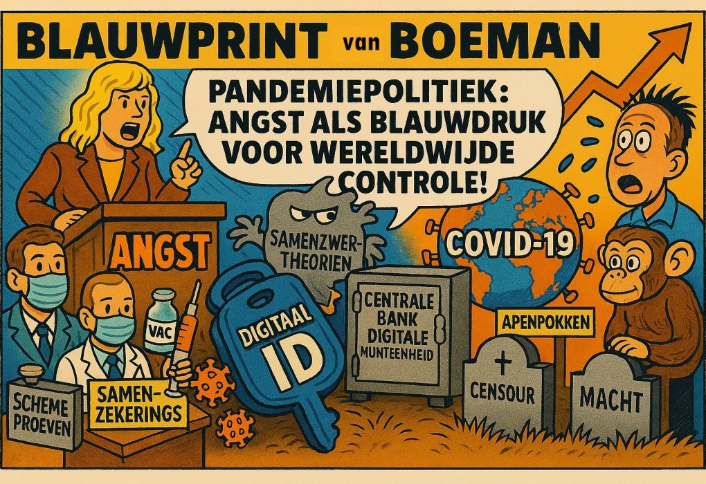 Pandemie politiek: angst als blauwdruk voor wereldwijde controle! Een kleurrijke cartoon met thema’s rond
