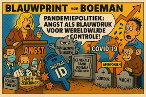 Pandemie politiek: angst als blauwdruk voor wereldwijde controle! Een kleurrijke cartoon met thema’s rond