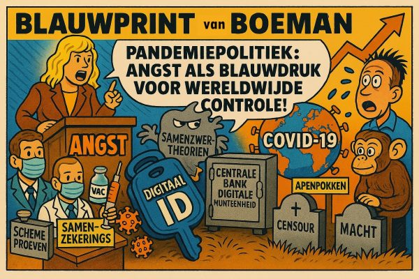 Pandemie politiek: angst als blauwdruk voor wereldwijde controle! Een kleurrijke cartoon met thema’s rond
