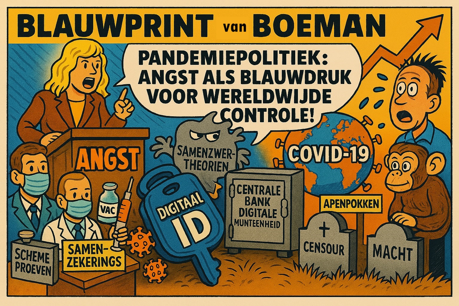 Een kleurrijke cartoon met thema’s rond