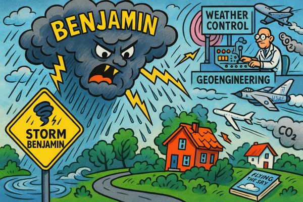 Storm Benjamin: hoe een naam, een code en een boek een wereld van weermanipulatie ontsluieren. Cartoon van storm Benjamin met donkere wolk en bliksem, waarschuwingsbord ‘Storm Benjamin’, huizen in groen landschap, vliegtuigen met CO₂-wolken, militair straaljager, bedieningspaneel met teksten ‘Weather Control’ en ‘Geoengineering’, en het boek ‘Fixing the Sky’ op de grond.
