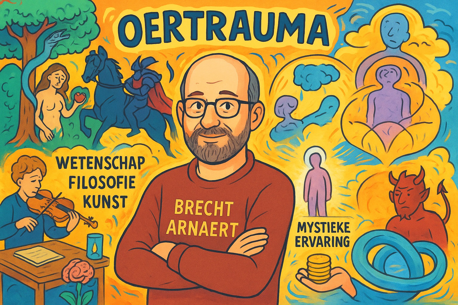 Cartoon van Brecht Arnaert omringd door symbolen van zijn denken: de vier ruiters, Adam en Eva, emoties als verdriet en schaamte, wetenschap, filosofie, kunst, mystieke ervaringen, geld en de duivel, weergegeven in een kleurrijk en expressief geheel.
