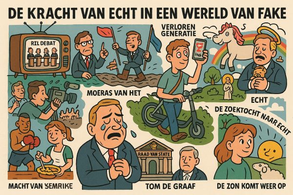 De kracht van echt in een wereld van fake: een ode aan de waarheid. Cartoon met politieke satire: Bergsma & Bennink in gesprek over fake nieuws, Frans Timmermans, het RTL-debat, verloren generaties, woke cultuur, en de zoektocht naar waarheid in een post-truth wereld.