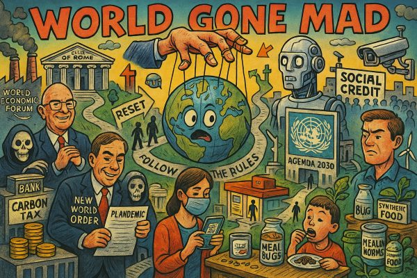 De verborgen blauwdruk achter een wereld die op hol slaat. Illustratie van wereldwijde macht en controle, met symbolen van technocratie, global governance en historische referenties zoals Rockefeller en Club van Rome.