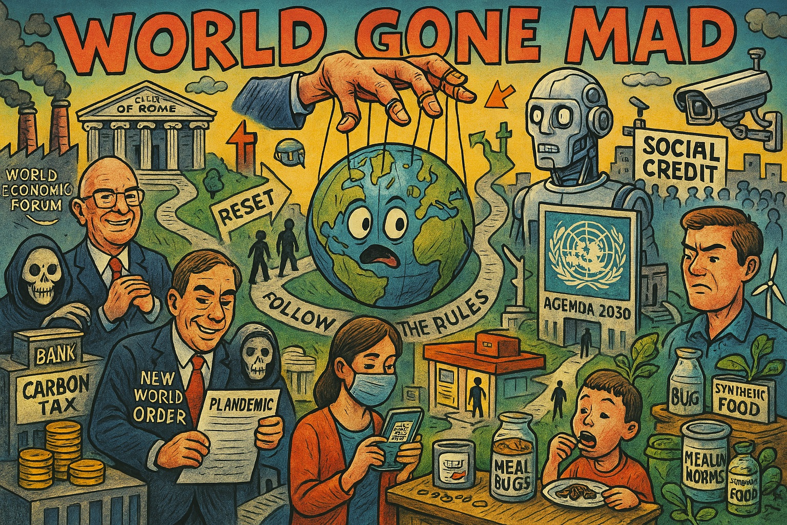 Illustratie van wereldwijde macht en controle, met symbolen van technocratie, global governance en historische referenties zoals Rockefeller en Club van Rome.