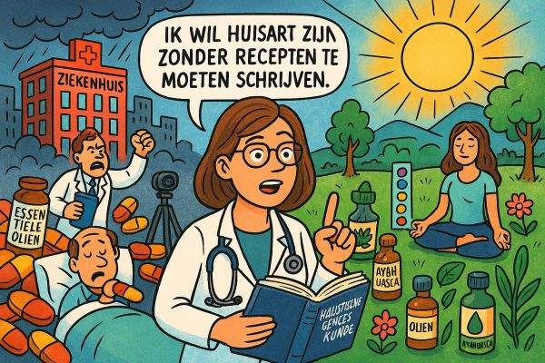 De nieuwe revolutie in de zorg: hoe één huisarts het medische systeem uitdaagde. Cartoon van een huisarts die een boek met de titel “Huisarts Geneeskunde” vasthoudt en zegt: “Ik wil huisarts zijn zonder recepten te moeten schrijven.” Links een ziekenhuis met stapels pillen en boze artsen, rechts een natuurlijke omgeving met zon, bomen, chakra-symbool, ayahuasca-flessen en essentiële oliën.