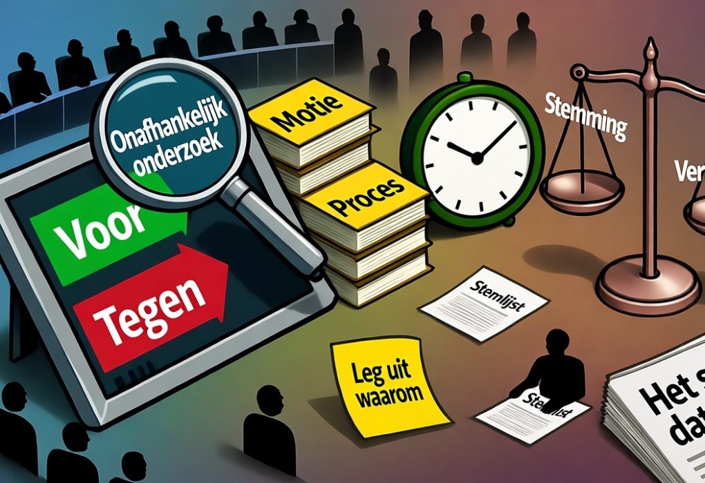 “Het stemadvies dat kantelde”: hoe één draai het lot van een beladen motie bepaalde. Kleurrijke cartoon van een parlementaire vergaderzaal met een groot kantelend stemdisplay, pijltje van “Voor” naar “Tegen”, vergrootglas op “Onafhankelijk onderzoek”, dossiers en een wankelende weegschaal met het woord “Vertrouwen”.