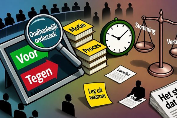“Het stemadvies dat kantelde”: hoe één draai het lot van een beladen motie bepaalde. Kleurrijke cartoon van een parlementaire vergaderzaal met een groot kantelend stemdisplay, pijltje van “Voor” naar “Tegen”, vergrootglas op “Onafhankelijk onderzoek”, dossiers en een wankelende weegschaal met het woord “Vertrouwen”.