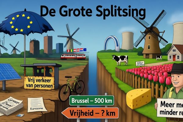 NEXIT: tussen principe en praktijk: hoe een beladen idee weerklank vindt tussen studioverlichting en stallicht. Cartoon 'De Grote Splitsing' toont een gespleten landschap: links een vervallen EU met een gescheurde vlag-paraplu, kapotte windmolens en verwaarloosde zonnepanelen, symboliserend mislukte klimaat- en migratie-uitgaven. Rechts een bloeiend Nexitland met koeien, tulpen, een boerderij, kerncentrales en een hyperloop, met een bord 'Welkom in Nexitland'. Een fiets balanceert over een kloof met borden naar Brussel en Vrijheid.