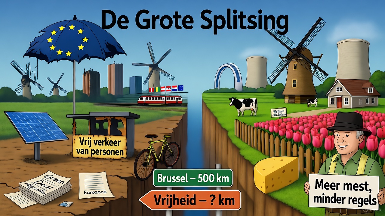 Cartoon 'De Grote Splitsing' toont een gespleten landschap: links een vervallen EU met een gescheurde vlag-paraplu, kapotte windmolens en verwaarloosde zonnepanelen, symboliserend mislukte klimaat- en migratie-uitgaven. Rechts een bloeiend Nexitland met koeien, tulpen, een boerderij, kerncentrales en een hyperloop, met een bord 'Welkom in Nexitland'. Een fiets balanceert over een kloof met borden naar Brussel en Vrijheid.