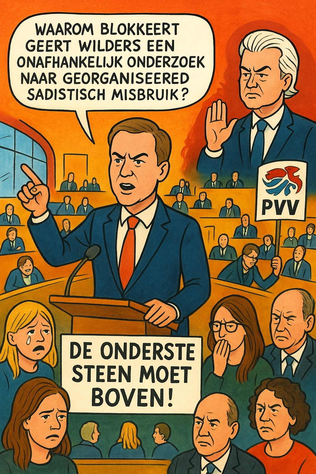 Cartoon van Gideon van Meijeren die in de Tweede Kamer vraagt waarom Geert Wilders een onafhankelijk onderzoek naar georganiseerd sadistisch misbruik blokkeert, met emotionele slachtoffers en Kamerleden op de achtergrond.