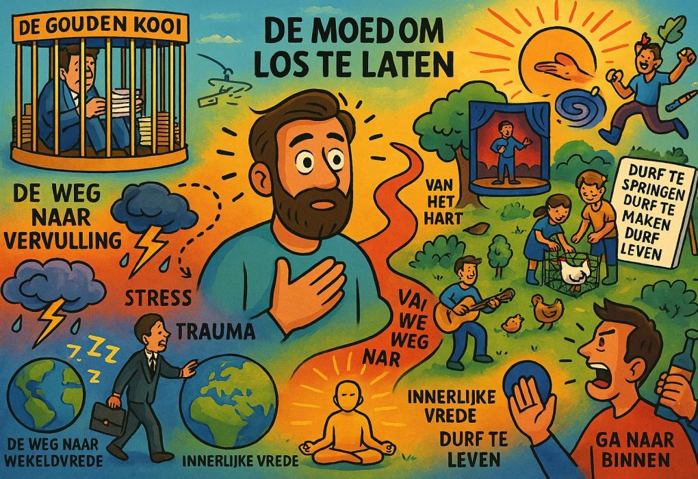 De moed om los te laten: een ode aan authentiek leven Cartoon met kleurrijke illustraties over thema’s als stress, trauma, innerlijke vrede, creativiteit en authenticiteit. Afbeelding toont een gouden kooi met papieren, donkere wolken met bliksem voor stress, een pad naar het hart, mensen die muziek maken en dieren verzorgen, een mediterende figuur, zon en natuur, en teksten zoals ‘De moed om los te laten’, ‘Durf te springen, durf te maken, durf te leven’.