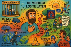 De moed om los te laten: een ode aan authentiek leven Cartoon met kleurrijke illustraties over thema’s als stress, trauma, innerlijke vrede, creativiteit en authenticiteit. Afbeelding toont een gouden kooi met papieren, donkere wolken met bliksem voor stress, een pad naar het hart, mensen die muziek maken en dieren verzorgen, een mediterende figuur, zon en natuur, en teksten zoals ‘De moed om los te laten’, ‘Durf te springen, durf te maken, durf te leven’.