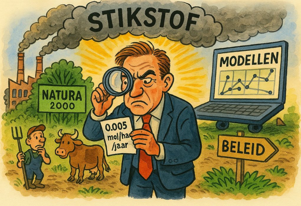 De illusie van zekerheid: hoe Nederland blind vertrouwt op stikstofmodellen. Cartoon over stikstofbeleid: rookwolken met ‘STIKSTOF’, Natura 2000-bord, boer met hooivork en koe, beleidsfiguur met vergrootglas en papier ‘0.005 mol/ha/jaar’, laptop met ‘MODELLEN’ en grafieken, wegwijzer ‘BELEID’.