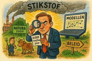 De illusie van zekerheid: hoe Nederland blind vertrouwt op stikstofmodellen. Cartoon over stikstofbeleid: rookwolken met ‘STIKSTOF’, Natura 2000-bord, boer met hooivork en koe, beleidsfiguur met vergrootglas en papier ‘0.005 mol/ha/jaar’, laptop met ‘MODELLEN’ en grafieken, wegwijzer ‘BELEID’.
