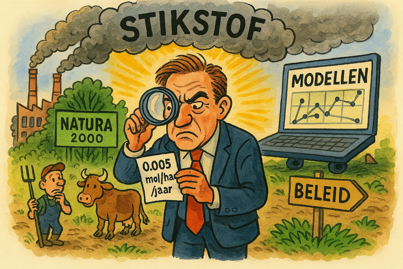 Cartoon over stikstofbeleid: rookwolken met ‘STIKSTOF’, Natura 2000-bord, boer met hooivork en koe, beleidsfiguur met vergrootglas en papier ‘0.005 mol/ha/jaar’, laptop met ‘MODELLEN’ en grafieken, wegwijzer ‘BELEID’.