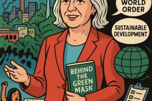 De vrouw die de wereld waarschuwde: het leven en de nalatenschap van Rosa Koire. Cartoonportret van Rosa Koire die haar boek Behind the Green Mask vasthoudt, omringd door symbolen van stedelijke ontwikkeling, milieu, protest en wereldwijde macht; kleurrijke illustratie met thema’s van bewustwording, vrijheid en duurzaamheid.