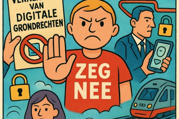 De digitale dwang die niemand bestelde, waarom ‘vrijwillig’ niet meer vrij betekent. Cartoon van een persoon in rood T-shirt met de tekst “ZEG NEE” die met een handgebaar digitaal ID weigert. Rondom hem staan symbolen van surveillance zoals QR-codes, camera’s, smartphones en een trein met toegangspoortjes. Onderaan staat de tekst “Vrijheid is geen app”.