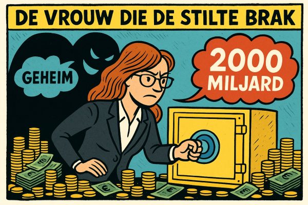Hoe één advocaat een verborgen financiële operatie van 2000 miljard blootlegt. Cartoon van een vastberaden vrouw in pak die aan de kluis draait, omringd door stapels geld. Achter haar loert een donkere schaduw met het woord “GEHEIM”, terwijl een grote spreekwolk “2000 MILJARD” toont.