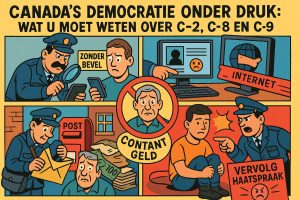 Canada’s democratie onder druk: Wat u moet weten over C‑2, C‑8 en C‑9. Cartoon in felle kleuren met meerdere panelen die Canadese wetsvoorstellen visualiseren: een politieagent die een smartphone controleert met tekst “Zonder Bevel”, een computer met een rood verbodsbord en het woord “Internet”, een postbode die een brief opent naast stapels geld en het label “Contant Geld”, en een scène waarin iemand wordt beschuldigd met bord “Vervolg Haatspraak”. Bovenaan staat de titel: “Canada’s democratie onder druk: Wat u moet weten over C‑2, C‑8 en C‑9