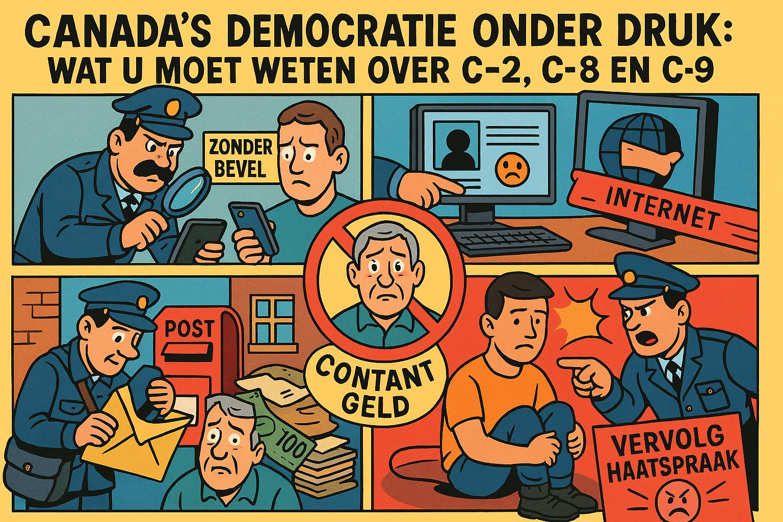 Cartoon in felle kleuren met meerdere panelen die Canadese wetsvoorstellen visualiseren: een politieagent die een smartphone controleert met tekst “Zonder Bevel”, een computer met een rood verbodsbord en het woord “Internet”, een postbode die een brief opent naast stapels geld en het label “Contant Geld”, en een scène waarin iemand wordt beschuldigd met bord “Vervolg Haatspraak”. Bovenaan staat de titel: “Canada’s democratie onder druk: Wat u moet weten over C‑2, C‑8 en C‑9