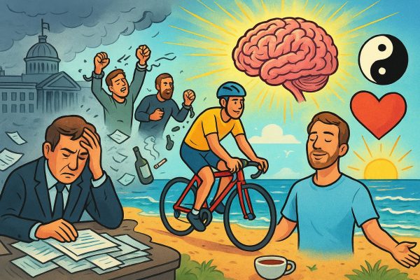 De stille revolutie: hoe Machiel de Graaf zijn innerlijke vijand versloeg. Kleurrijke cartoon die Machiel de Graafs persoonlijke bevrijding verbeeldt: van stressvol Den Haag naar innerlijke rust op het strand, met symbolen van bewustzijn, vrijheid en transformatie.