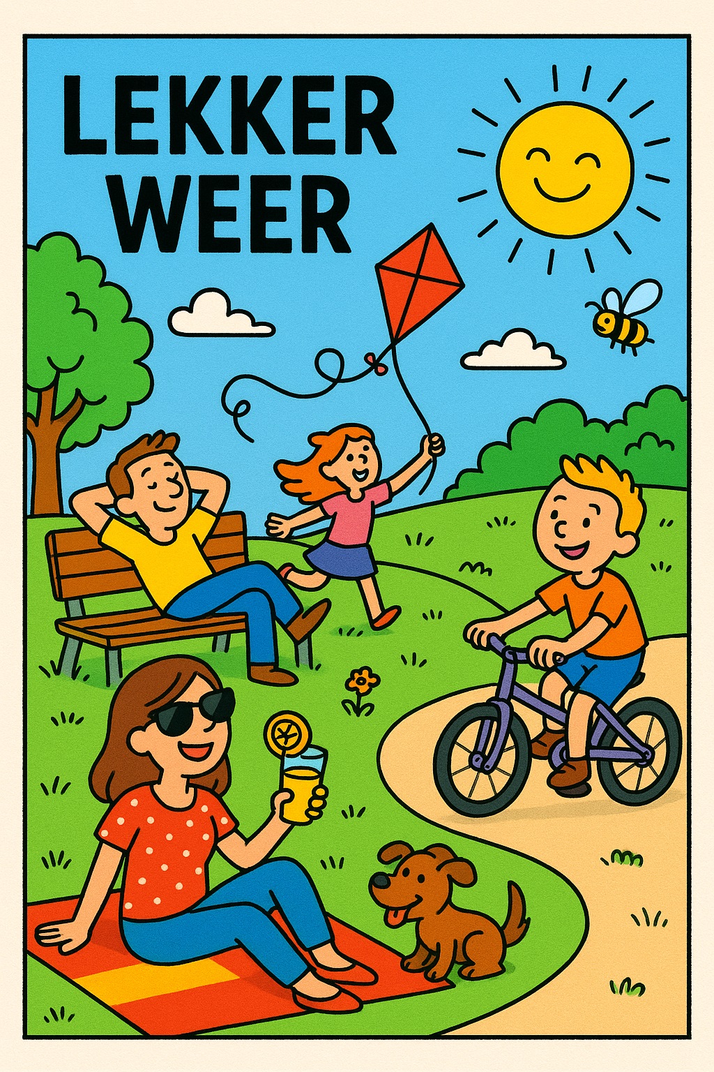 Zonnig park met spelende kinderen, picknickende vrouw met drankje, fietsend jongetje, vlieger, hond en man op bankje onder een lachende zon.