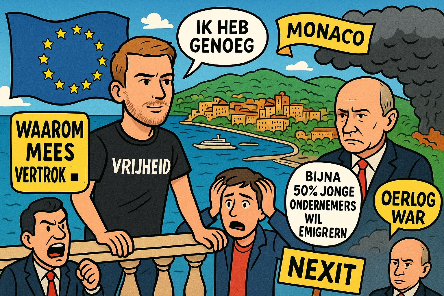 Een kleurrijke politieke cartoon van Mees Wijnants op een balkon in Monaco met uitzicht op de zee. Hij draagt een T-shirt met ‘Vrijheid’ en zegt “Ik heb genoeg”. Op de achtergrond een scheurende EU-vlag, rook van oorlog in Oekraïne en een bord met “Nexit”. Jonge ondernemers kijken bezorgd terwijl politici ruziën.