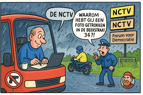 De man die tegen de storm in schreef: hoe één fotograaf de waanzin van ons tijdperk vastlegde. Cartoon van een man die in een rood busje zit te schrijven in de regen, terwijl een boze politieagent buiten vraagt waarom hij een foto heeft gemaakt in de Beekstraat 34; op de achtergrond verkiezingsborden van NCTV en Forum voor Democratie, drones en een voetbalveldje.