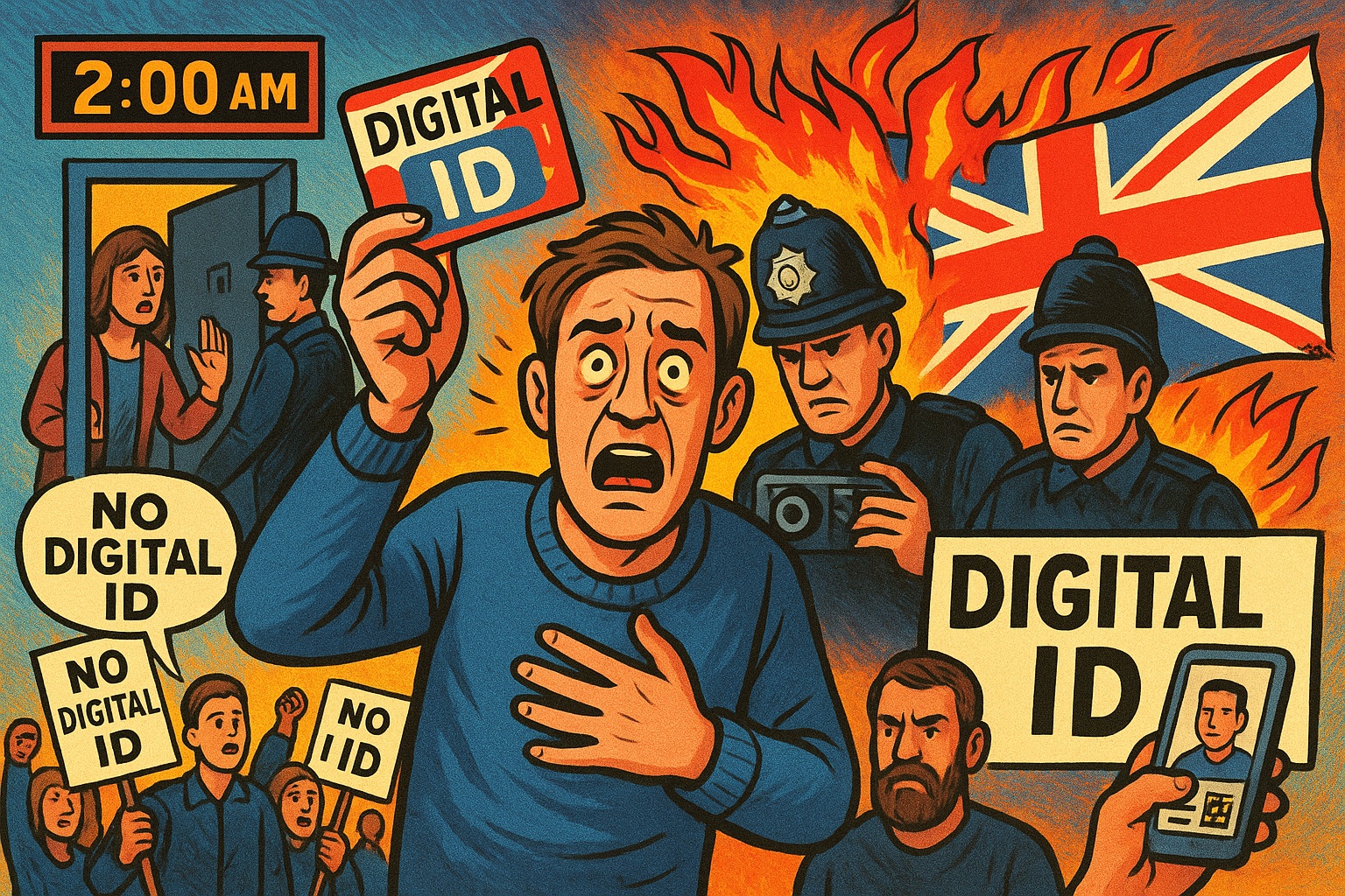 Een levendige politieke cartoon van Britse burgers die protesteren tegen verplichte digitale ID's terwijl de politie hen confronteert, met de Britse vlag op de achtergrond en een man die in angst een "Digital ID"-kaart vasthoudt.