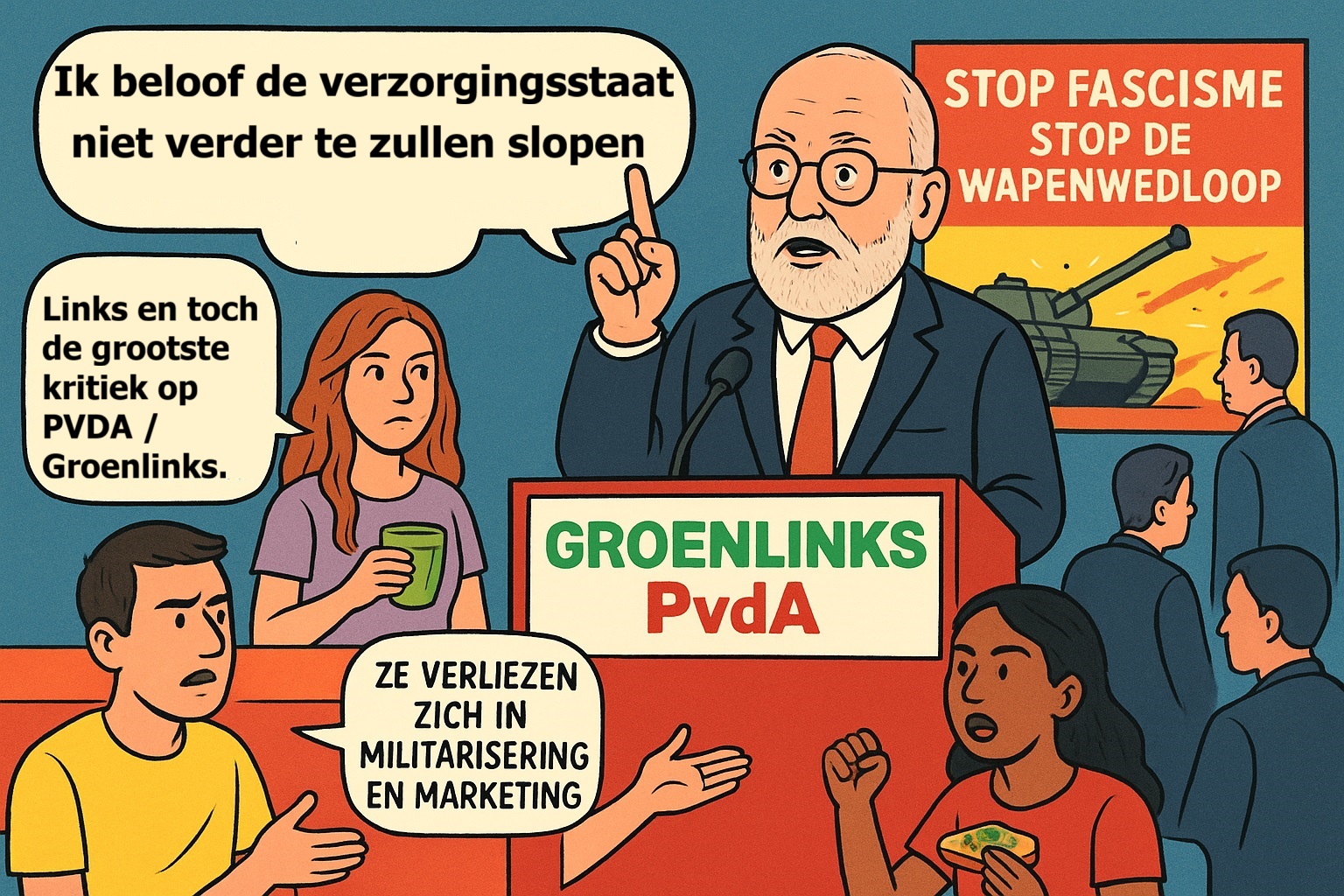 Cartoon van Frans Timmermans die spreekt op een GroenLinks-PvdA-congres, omringd door jonge critici die hem verwijten dat links zich verliest in militarisering en marketing, met op de achtergrond een poster “Stop fascisme, stop de wapenwedloop”.