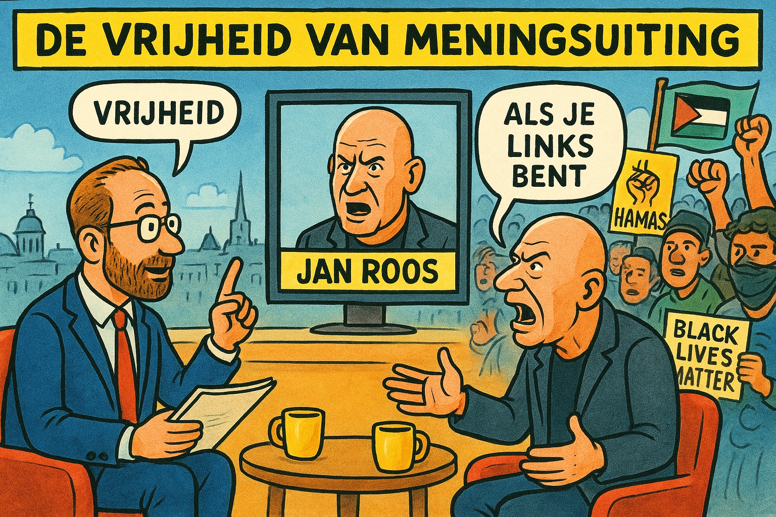 Kleurrijke politieke cartoon met Jan Roos in een talkshow over vrijheid van meningsuiting; hij discussieert fel met een interviewer, terwijl op de achtergrond demonstranten met borden als “Hamas” en “Black Lives Matter” staan.