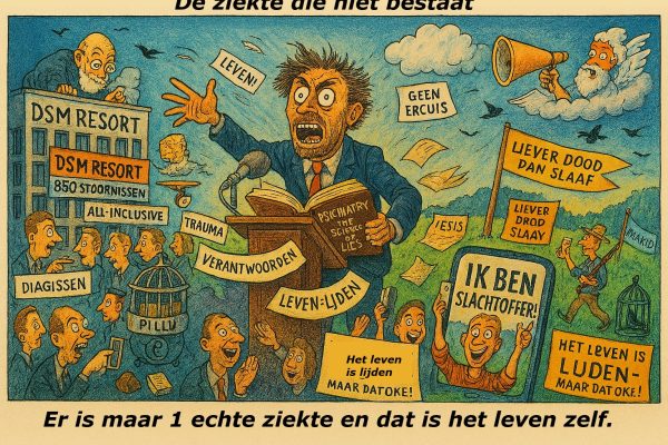 De ziekte die niet Bestaat: Een reis door de ziel van de maatschappij. Satirische cartoon van Rypke Zeilmaker die betoogt dat psychische ziekte niet bestaat; hij spreekt achter een lessenaar terwijl een DSM-gebouw, Freud op een wolk en een Friese weide symbool staan voor de strijd tussen therapiecultuur en persoonlijke verantwoordelijkheid.