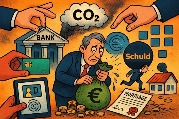 De stilte voor de storm in de financiële wereld klinkt zelden hardop. “Kleurrijke cartoon van een sombere man met een zak geld terwijl grote handen hem omringen met dreiging van CO₂-belastingen, digitale controle, schulden en banken — symbool voor burgers als onderpand in het financiële systeem.”