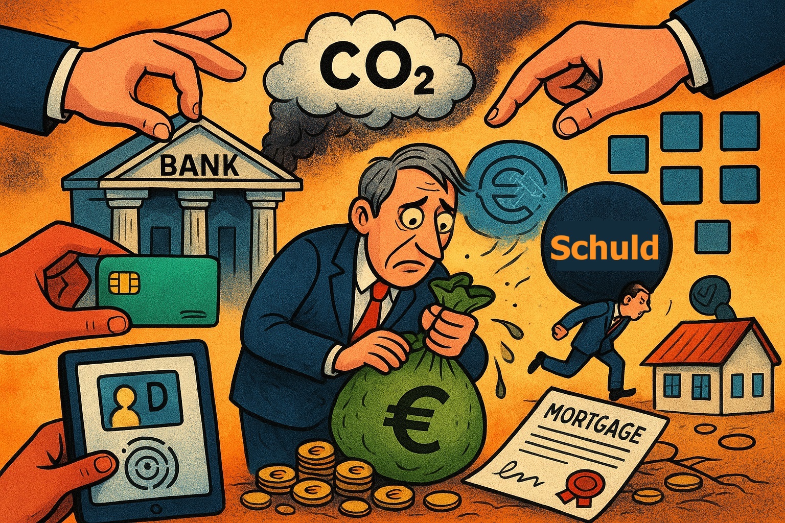 “Kleurrijke cartoon van een sombere man met een zak geld terwijl grote handen hem omringen met dreiging van CO₂-belastingen, digitale controle, schulden en banken — symbool voor burgers als onderpand in het financiële systeem.”