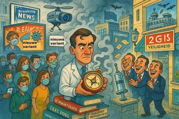 Het moreel kompas in de mist: een reis door waarheid, macht en menselijkheid. Cartoon met neuroloog Jan Bonte op een berg boeken, omringd door mondkapjesdragende burgers, politici dansend rond een injectiespuit, surveillance drones, een viswinkel, een ziekenhuis met lange wachttijden, en een laboratorium met vleermuizen – symbolisch voor macht, propaganda en het moreel kompas in de mist.