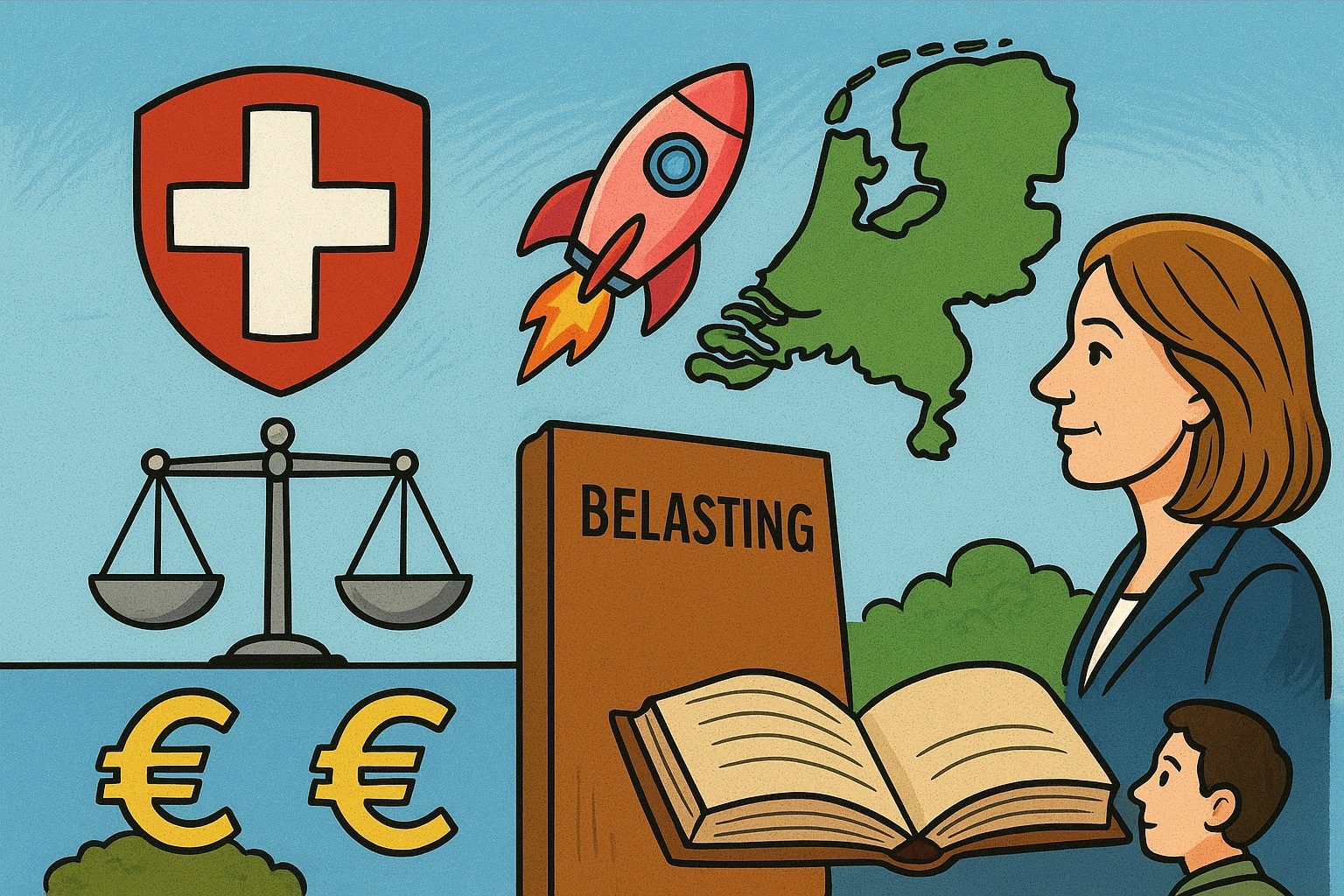 Kleurrijke politieke cartoon met symbolen van Lidewij de Vos haar thema’s: een weegschaal voor soevereiniteit, een gebroken EU-ketting, een gaskraan, een vredesduif, het Binnenhof, de Nederlandse vlag en een kaart van Nederland, allemaal in optimistische cartoonstijl.