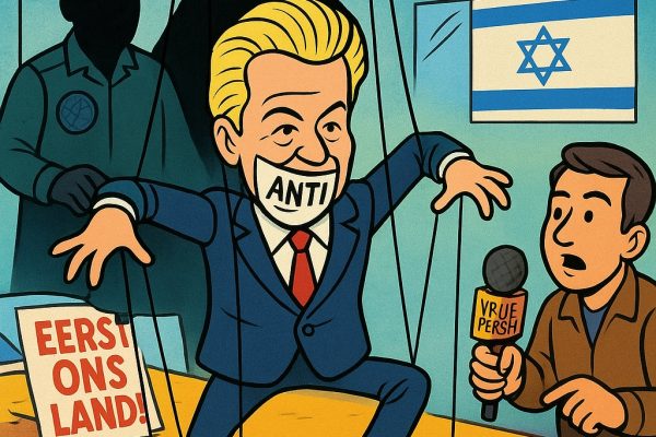 Gecontroleerde oppositie? De onthullingen over Geert Wilders die je niet op het acht uur journaal ziet. Satirische cartoon van een Geert Wilders als marionet, bestuurd door twee schimmige figuren op de achtergrond, met slogan “Wie trekt er écht aan de touwtjes?”