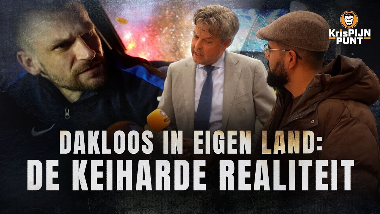 Dean, wethouder René ten Haven en journalist Jonathan Krispijn tijdens gesprek over dakloosheid in Nederland, met rechts het logo van Krispijn Punt.