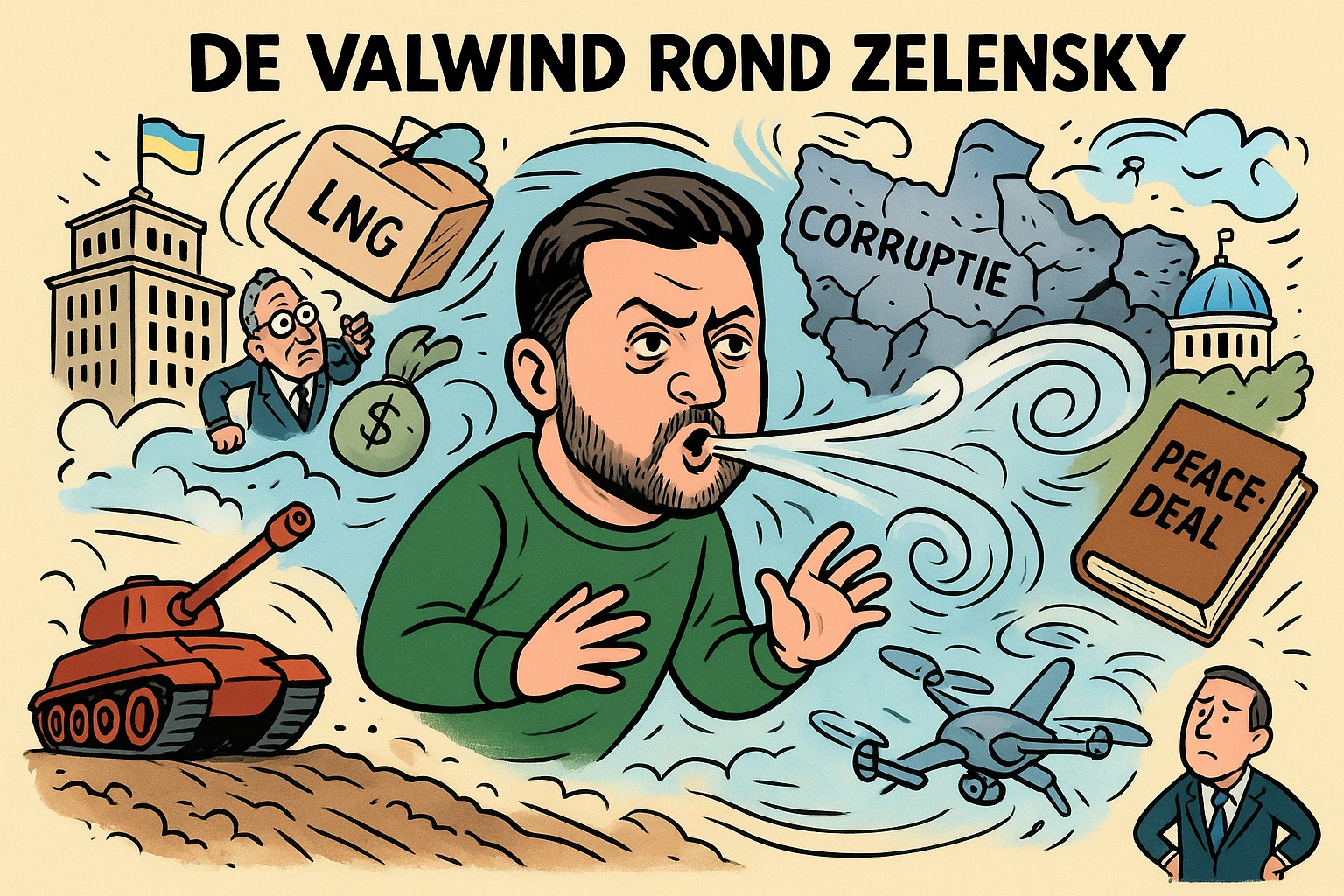 Cartoon met abstracte weergave van thema’s rond Oekraïne: een centrale figuur blaast een krachtige wind die voorwerpen zoals een LNG-doos, geldzak, tank, drone, een stuk land met het woord “corruptie” en een boek met “peace-deal” weg laat waaien.