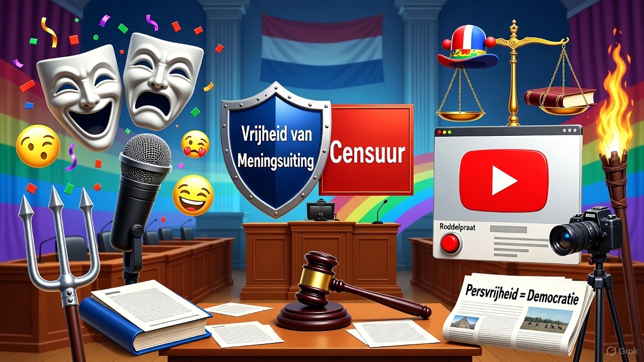 Kleurrijke cartoon met symbolen van vrijheid van meningsuiting, satire, persvrijheid en digitale media: een rechtszaal, een schild “Vrijheid”, een rood bord “Censuur”, YouTube-logo, lachende maskers, weegschaal met wetboek en clownshoed, fakkels en hooivorken als stripfiguren, Nederlandse vlag op de achtergrond.